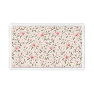 Soft Pink Cherry Blossom Floral Seamless Pattern Acrylic Tray