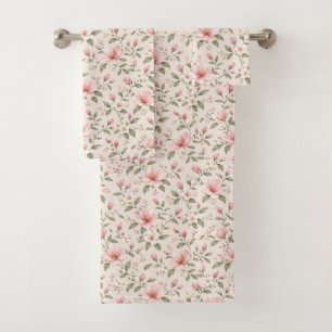 Soft Pink Cherry Blossom Floral Seamless Pattern Bath Towel Set