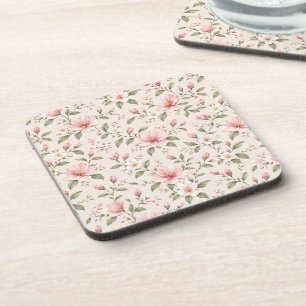 Soft Pink Cherry Blossom Floral Seamless Pattern Beverage Coaster