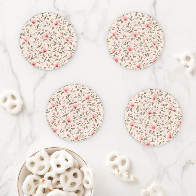 Soft Pink Cherry Blossom Floral Seamless Pattern Coaster Set (In Situ)
