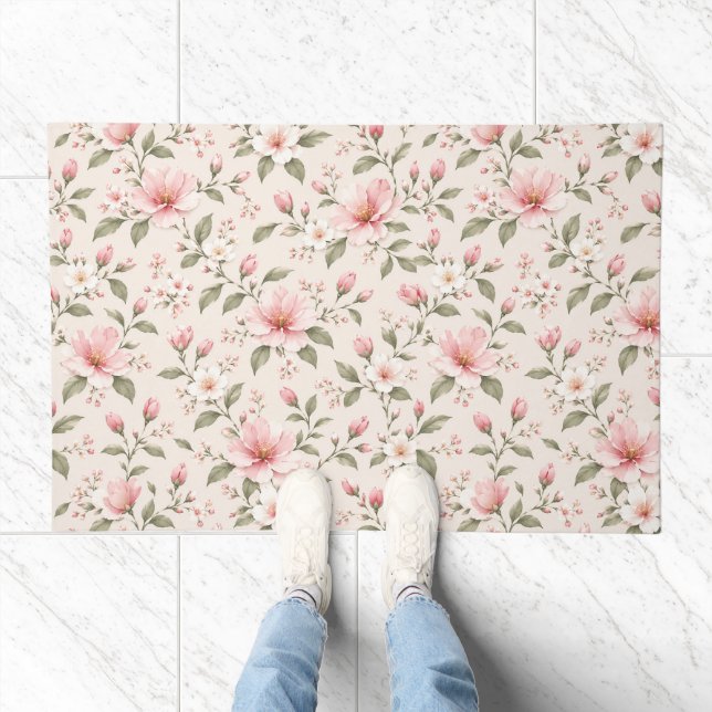 Soft Pink Cherry Blossom Floral Seamless Pattern Doormat (Indoor)