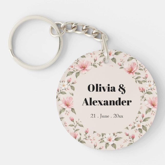Soft Pink Cherry Blossom Floral Seamless Pattern Keychain (Front)