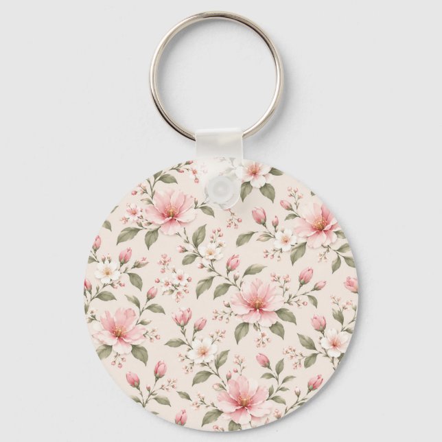 Soft Pink Cherry Blossom Floral Seamless Pattern Keychain (Front)