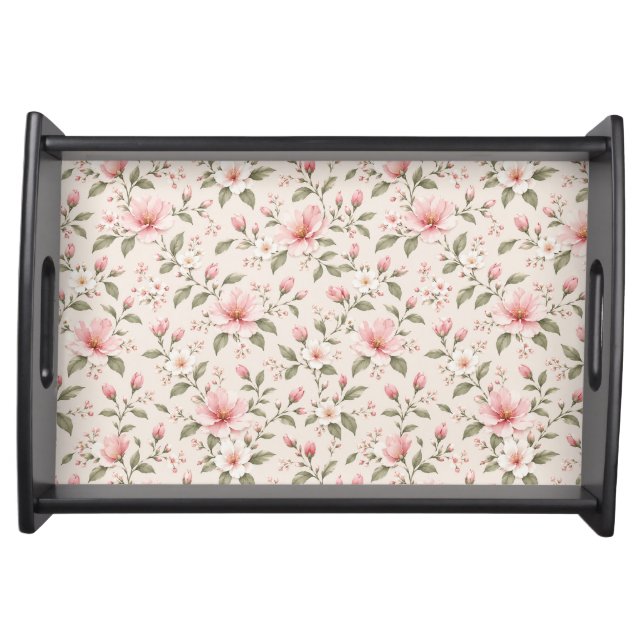 Soft Pink Cherry Blossom Floral Seamless Pattern Serving Tray (Front)