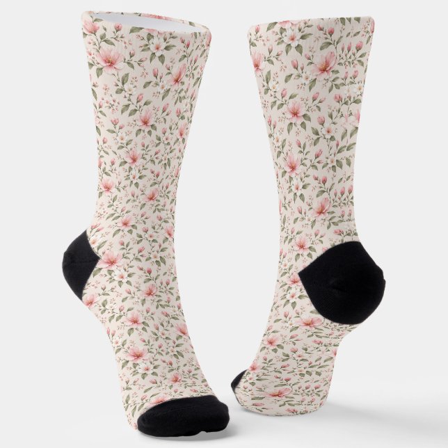 Soft Pink Cherry Blossom Floral Seamless Pattern Socks (Angled)