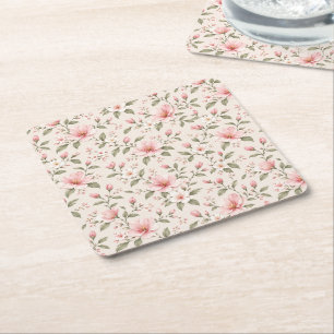 Soft Pink Cherry Blossom Floral Seamless Pattern Square Paper Coaster