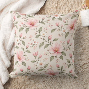 Soft Pink Cherry Blossom Floral Seamless Pattern Throw Pillow
