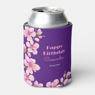 Soft Pink Cherry Blossom Sakura Purple Birthday Can Cooler