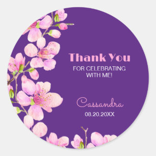 Soft Pink Cherry Blossom Sakura Purple Birthday Classic Round Sticker