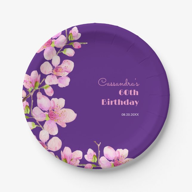 Soft Pink Cherry Blossom Sakura Purple Birthday Paper Plates (Front)