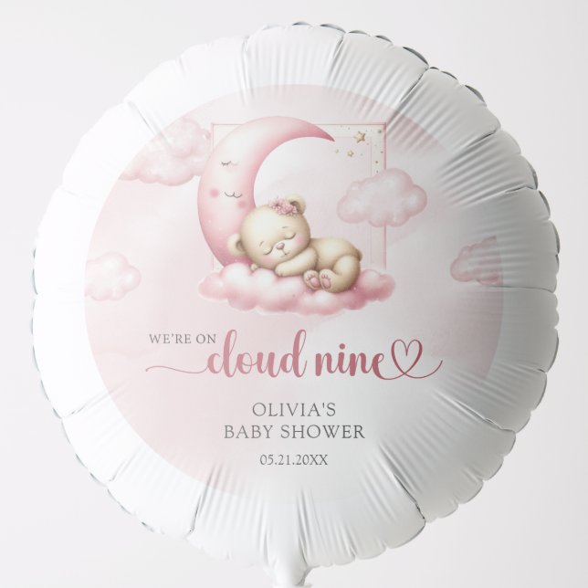 Soft pink cloud nine bear theme baby shower balloon (Front)