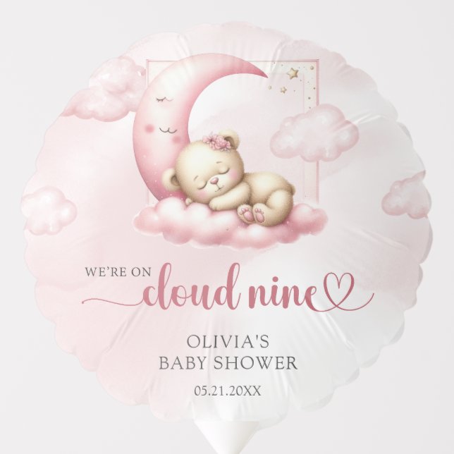 Soft pink cloud nine bear theme baby shower balloon (Front)