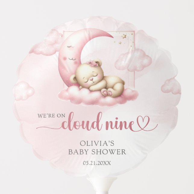 Soft pink cloud nine bear theme baby shower balloon (Front)