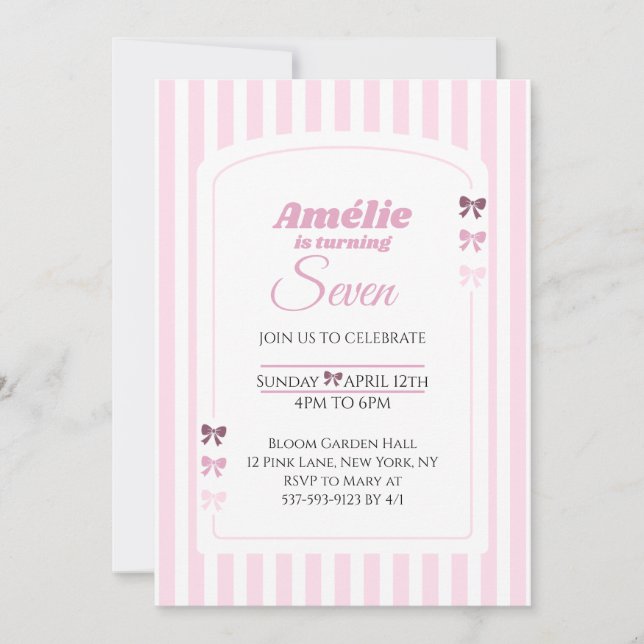 Soft Pink Coquette Bow Girl Seventh Birthday Party Invitation (Front)