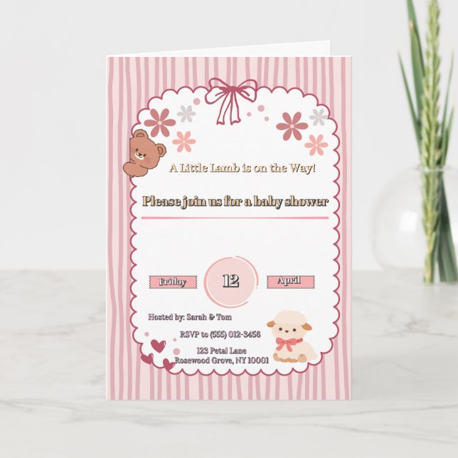 Soft Pink Coquette Lamb & Bear Baby Shower Invite (Front)