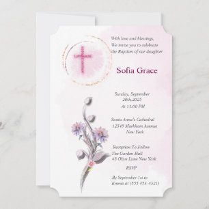Soft Pink Cross & Floral  Girl Baptism Invitat Inv Invitation