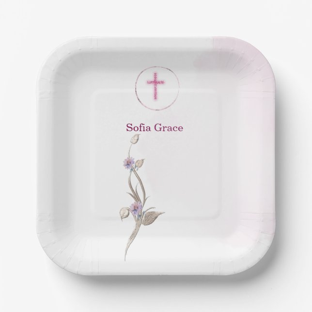 Soft Pink Cross & Floral  Girl Baptism  paper plat Paper Plates (Front)