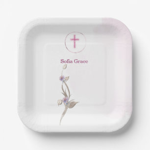 Soft Pink Cross & Floral  Girl Baptism  paper plat Plates
