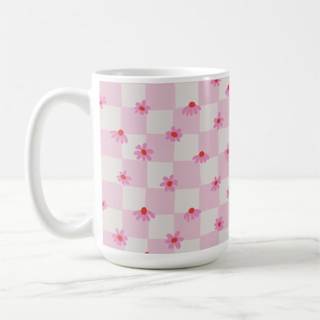 Soft Pink Daisy Checkerboard Floral Pattern Coffee Mug (Left)