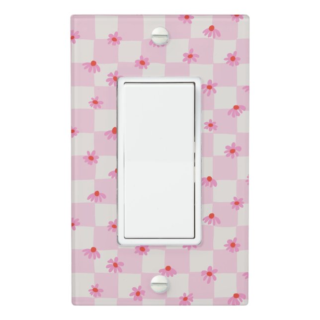 Soft Pink Daisy Checkerboard Floral Pattern Light Switch Cover (In Situ)