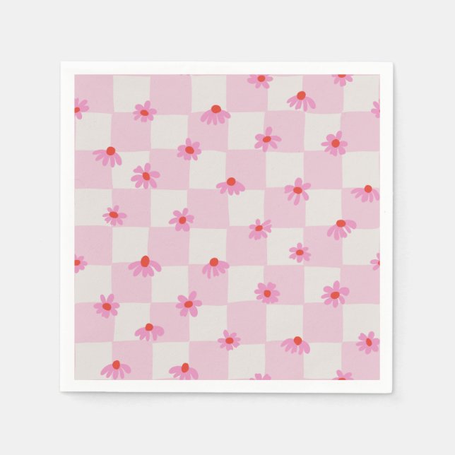 Soft Pink Daisy Checkerboard Floral Pattern Napkins (Front)