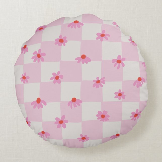 Soft Pink Daisy Checkerboard Floral Pattern Round Pillow (Back)