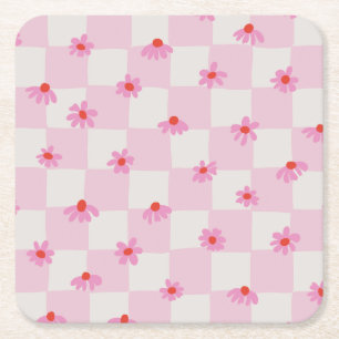 Soft Pink Daisy Checkerboard Floral Pattern Square Paper Coaster