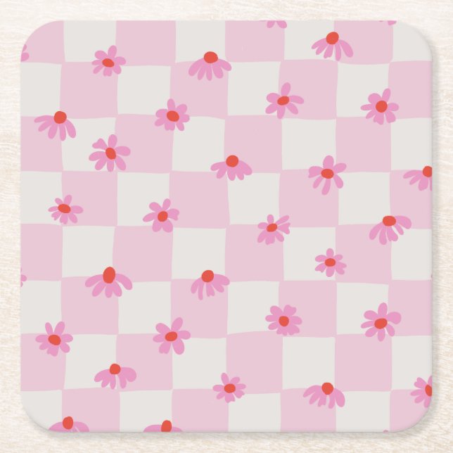 Soft Pink Daisy Checkerboard Floral Pattern Square Paper Coaster (Front)