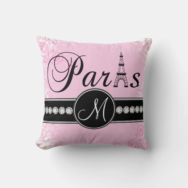 Soft Pink Damask Black Paris Monogram Pillow (Front)