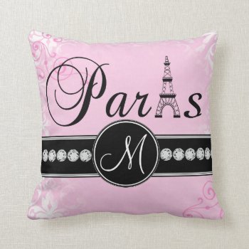 Soft Pink Damask Black Paris Monogram Pillow by MonogramGalleryGifts at Zazzle