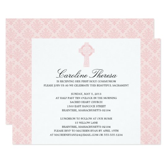 Soft Pink Damask Celtic Cross First Communion Invitation | Zazzle.com