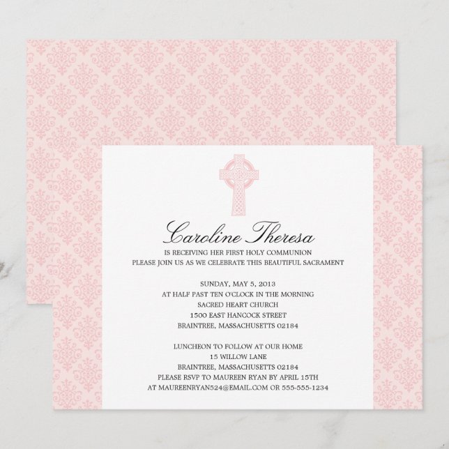 Soft Pink Damask Celtic Cross First Communion Invitation (Front/Back)