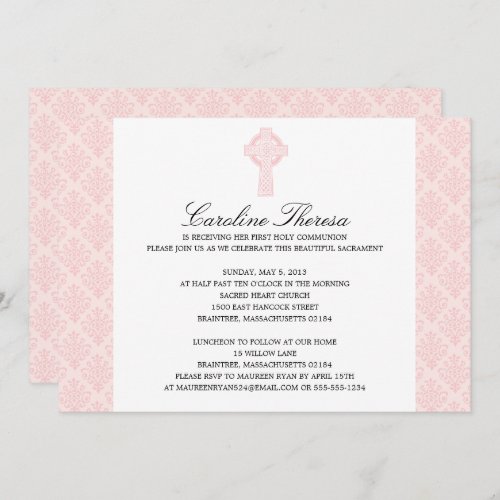 Soft Pink Damask Celtic Cross First Communion Invitation