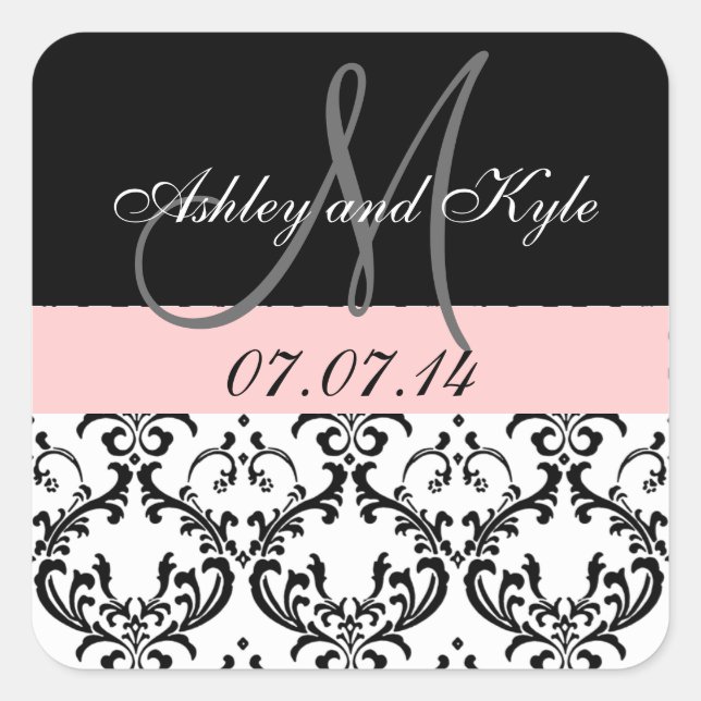 Soft Pink Damask Monogram Save the Date Stickers (Front)