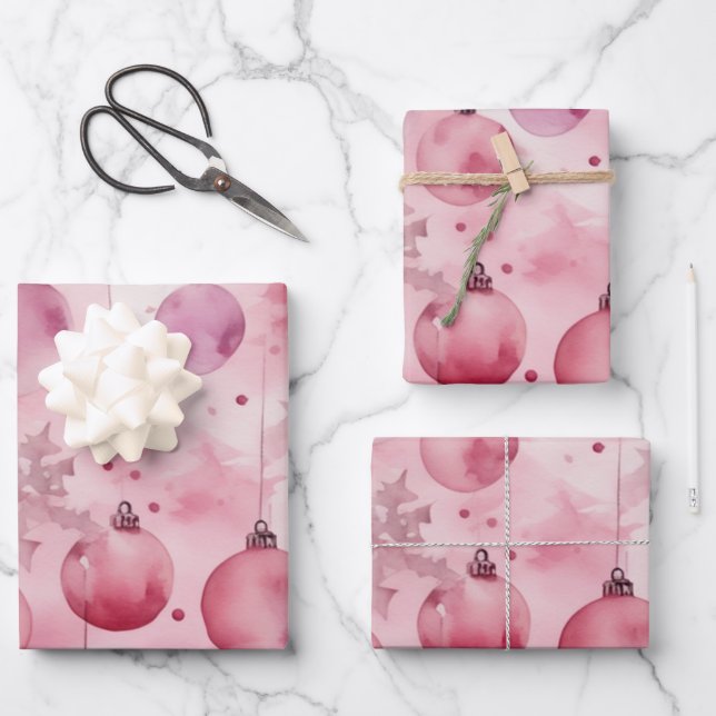 Soft Pink Elegance: Christmas Ornaments Wrapping Paper Sheets (Front)
