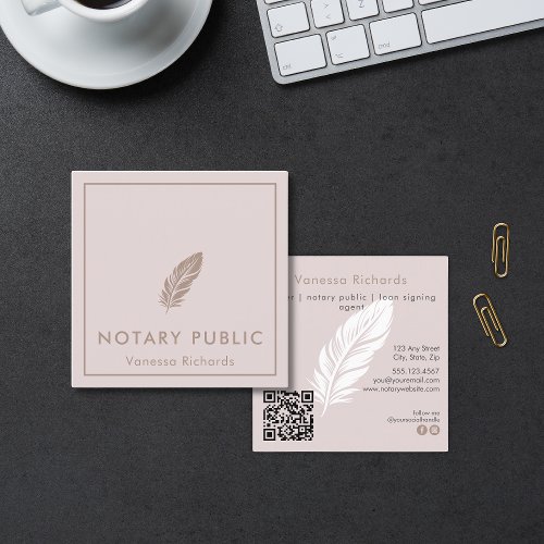 Soft Pink Feather QR Code Chic Notary Public Square Business Card