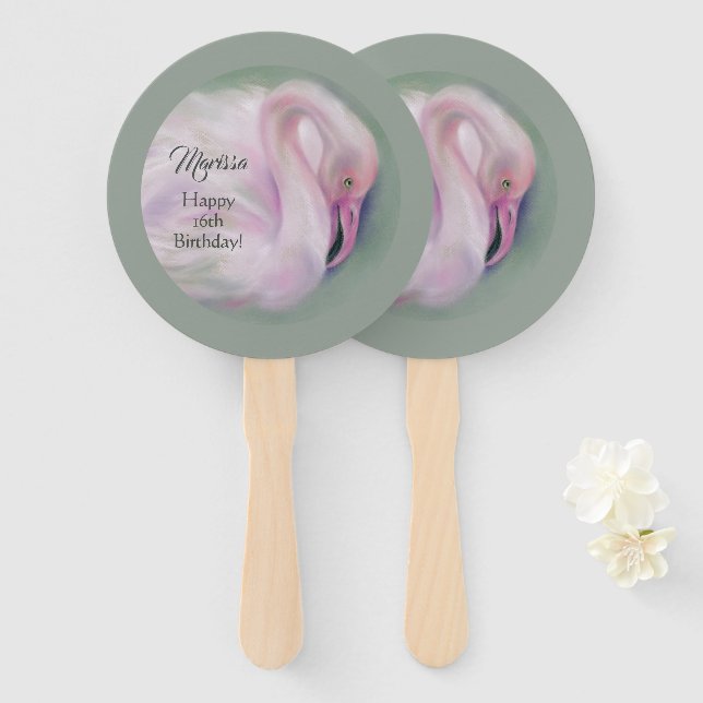 Soft Pink Flamingo Pastel Personalized Birthday Hand Fan (Front and Back)