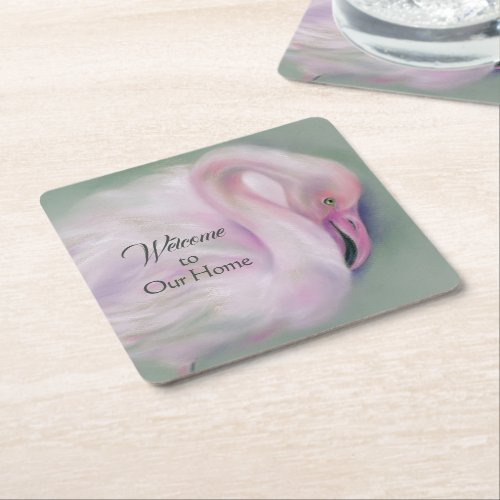 Soft Pink Flamingo Pastel Square Paper Coaster