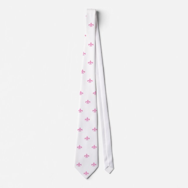 Soft  Pink Fleur de Lis on White Wedding Tie (Front)