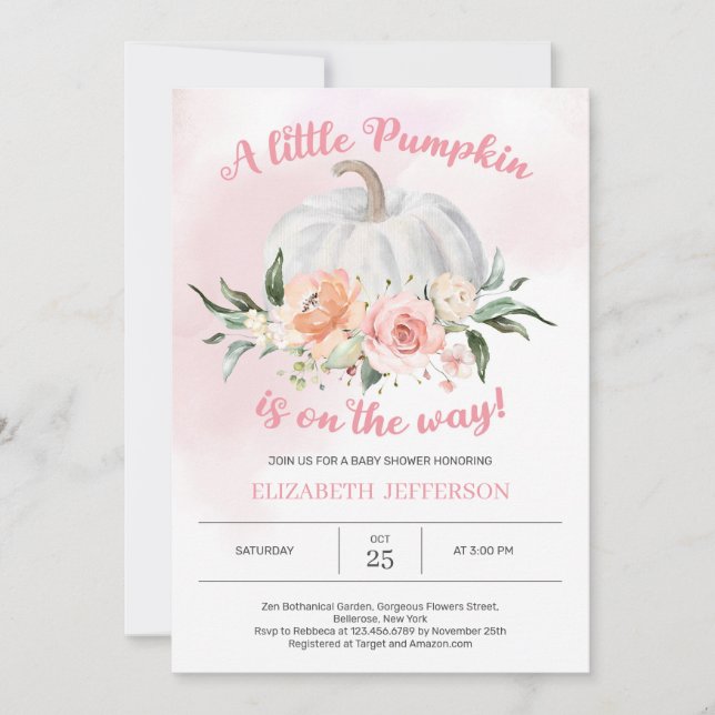 Soft pink floral a little pumpkin baby shower invitation (Front)