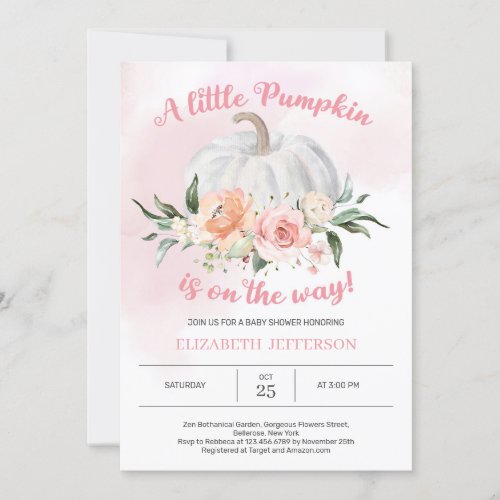 Soft pink floral a little pumpkin baby shower invitation