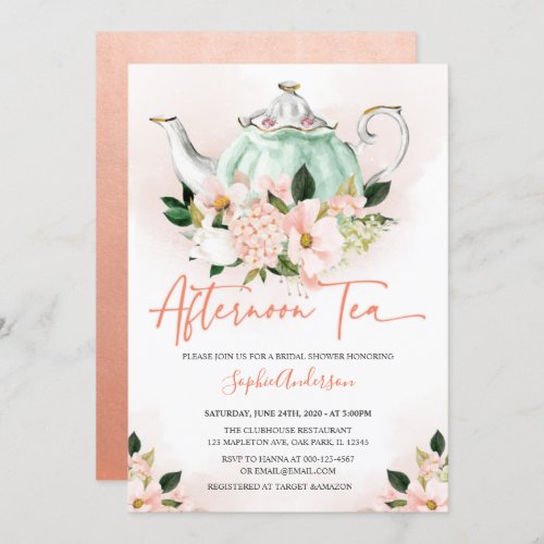 Soft Pink Floral Afternoon Tea Party Bridal Shower Invitation