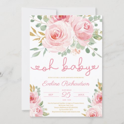Soft pink floral and gold glitter oh baby shower invitation