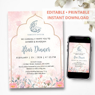 Soft Pink Floral Arch Watercolor Iftar Dinner Invitation