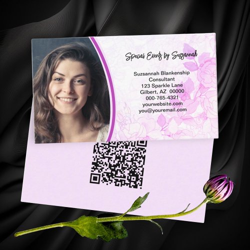 Soft Pink Floral Background Custom Photo QR Code Business Card
