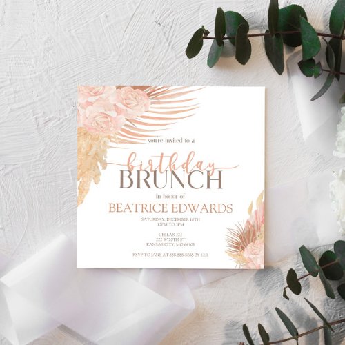 Soft Pink Floral Birthday Brunch Party Invitation 