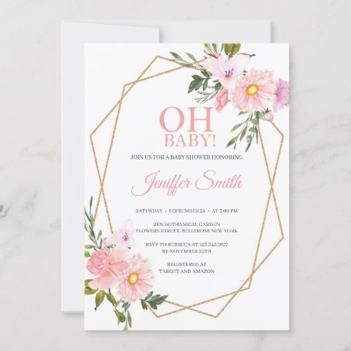 Soft pink floral boho gold glitter geometric baby invitation