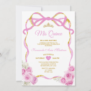 Soft Pink Floral Bow Ribbon Gold Crown Mis Quince Invitation