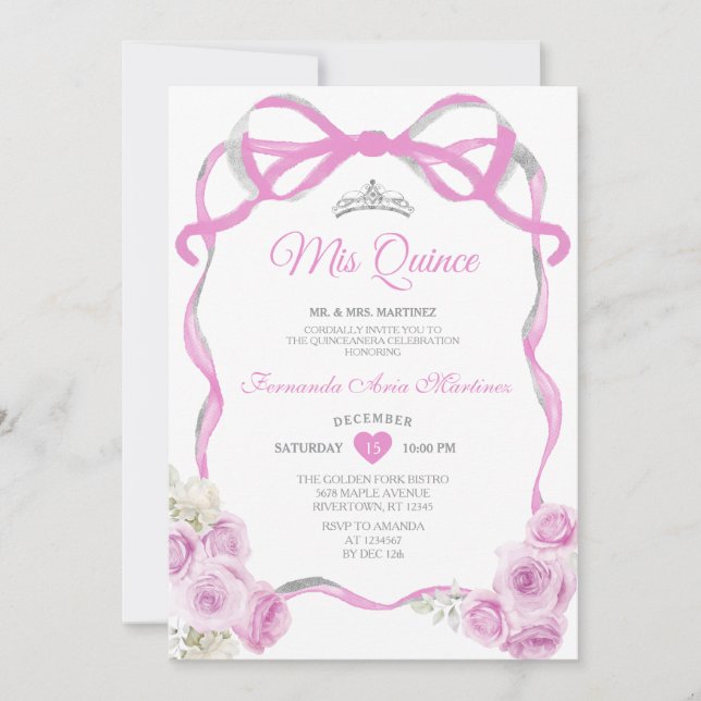 Soft Pink Floral Bow Ribbon Silver Girl Mis Quince Invitation (Front)