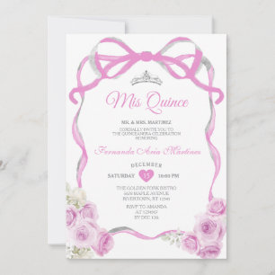 Soft Pink Floral Bow Ribbon Silver Girl Mis Quince Invitation